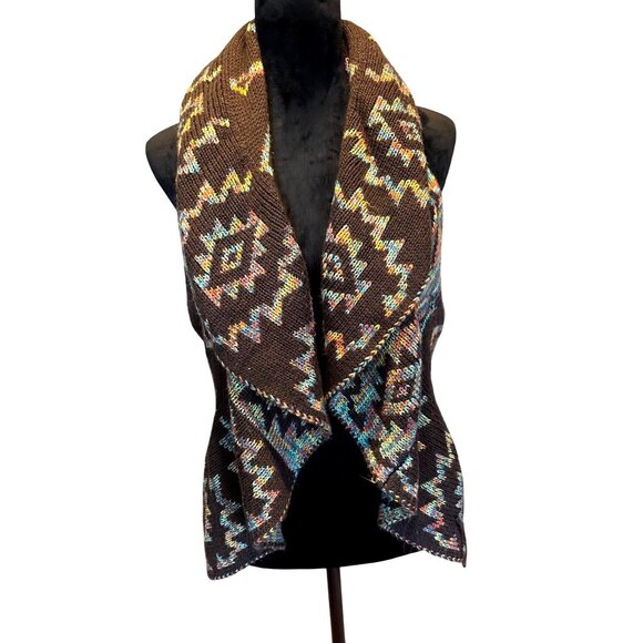Bohemian Open Front Cardigan Vest Sz L Draped Sleeveless Aztec Pattern Western - Picture 1 of 13